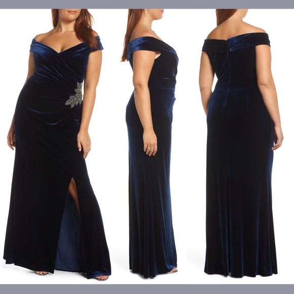 NEW‎ Alex Evenings [ 18 Regular ] Off Shoulder Velvet Gown in Blue - Picture 1 of 13